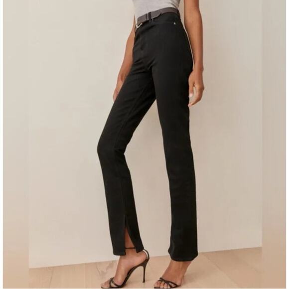 Reformation Womens Liza Slit Hem Ultra High Rise Straight Long Jeans 26 Black - Picture 1 of 14